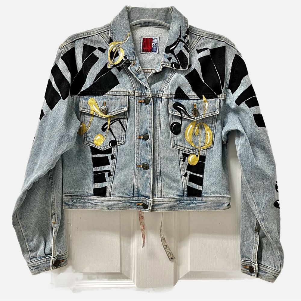 Vintage Sun Belt Denim Musical Piano Notes Cropped Denim Jacket Size 8